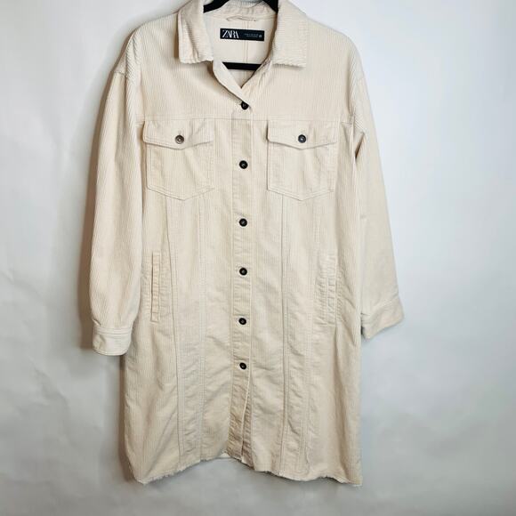 Zara Corduroy Duster Shacket Jacket Sz Medium Cream - Picture 1 of 7